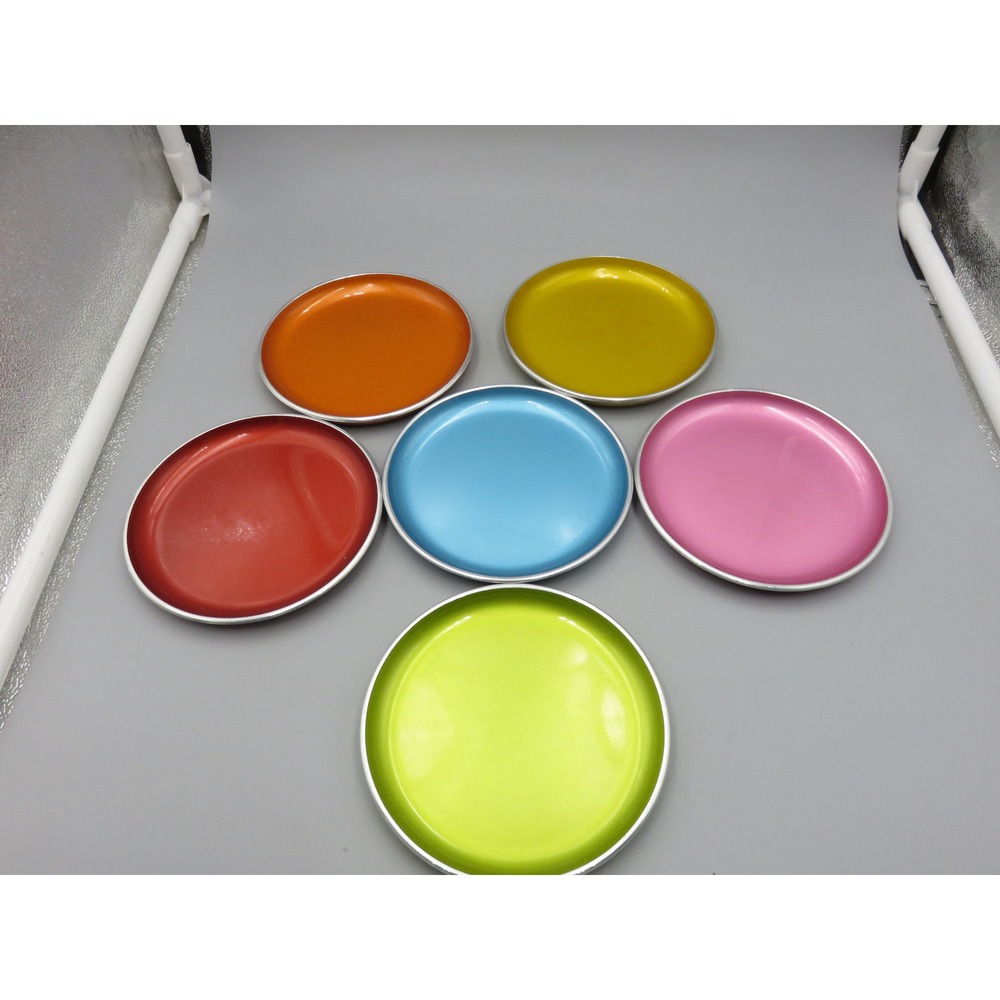 Vintage Emalox Norway Enamel Aluminum Coasters Plates Set of 6 MCM Rainbow 5"